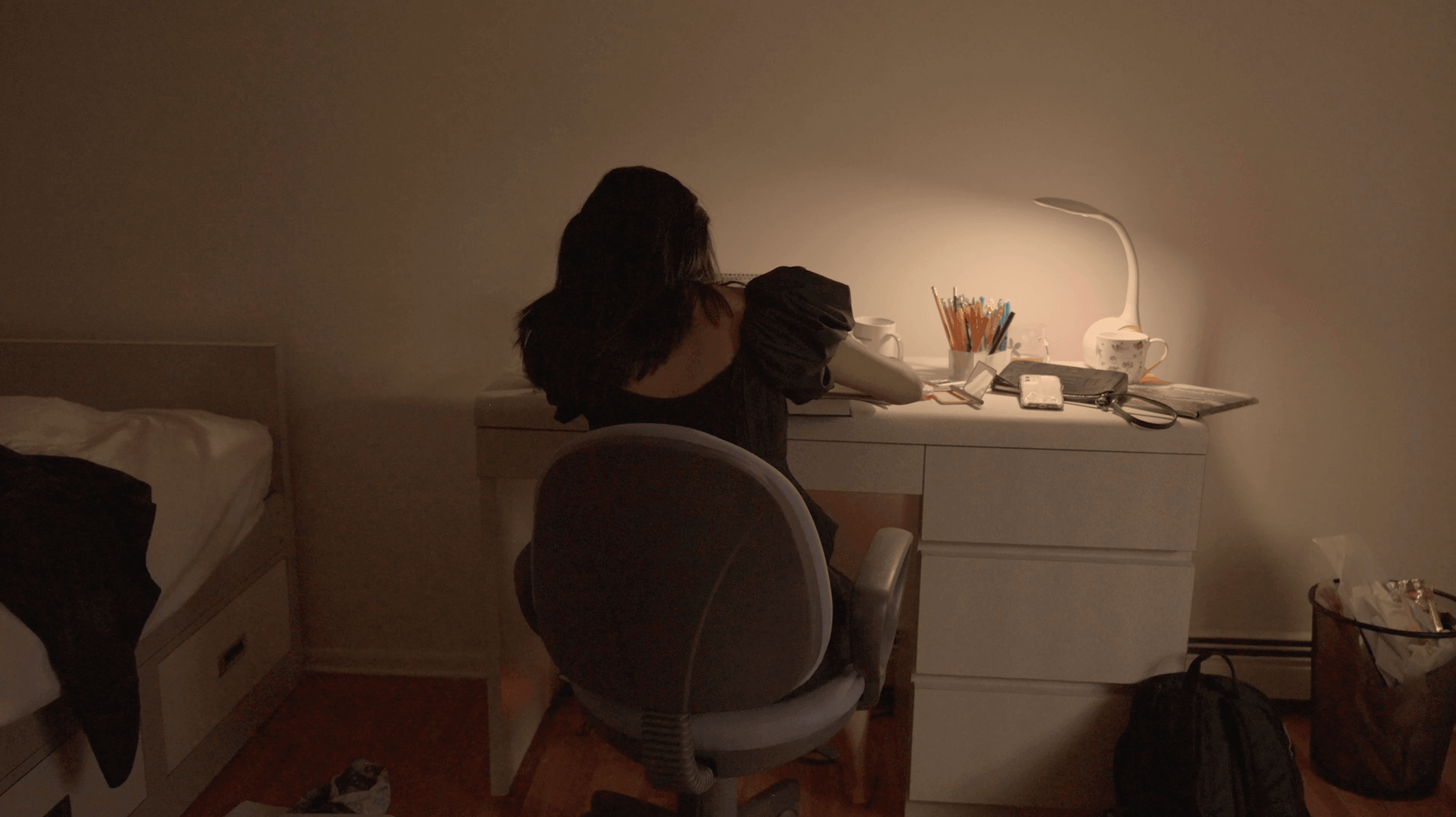 Main character stressed out at in messy room