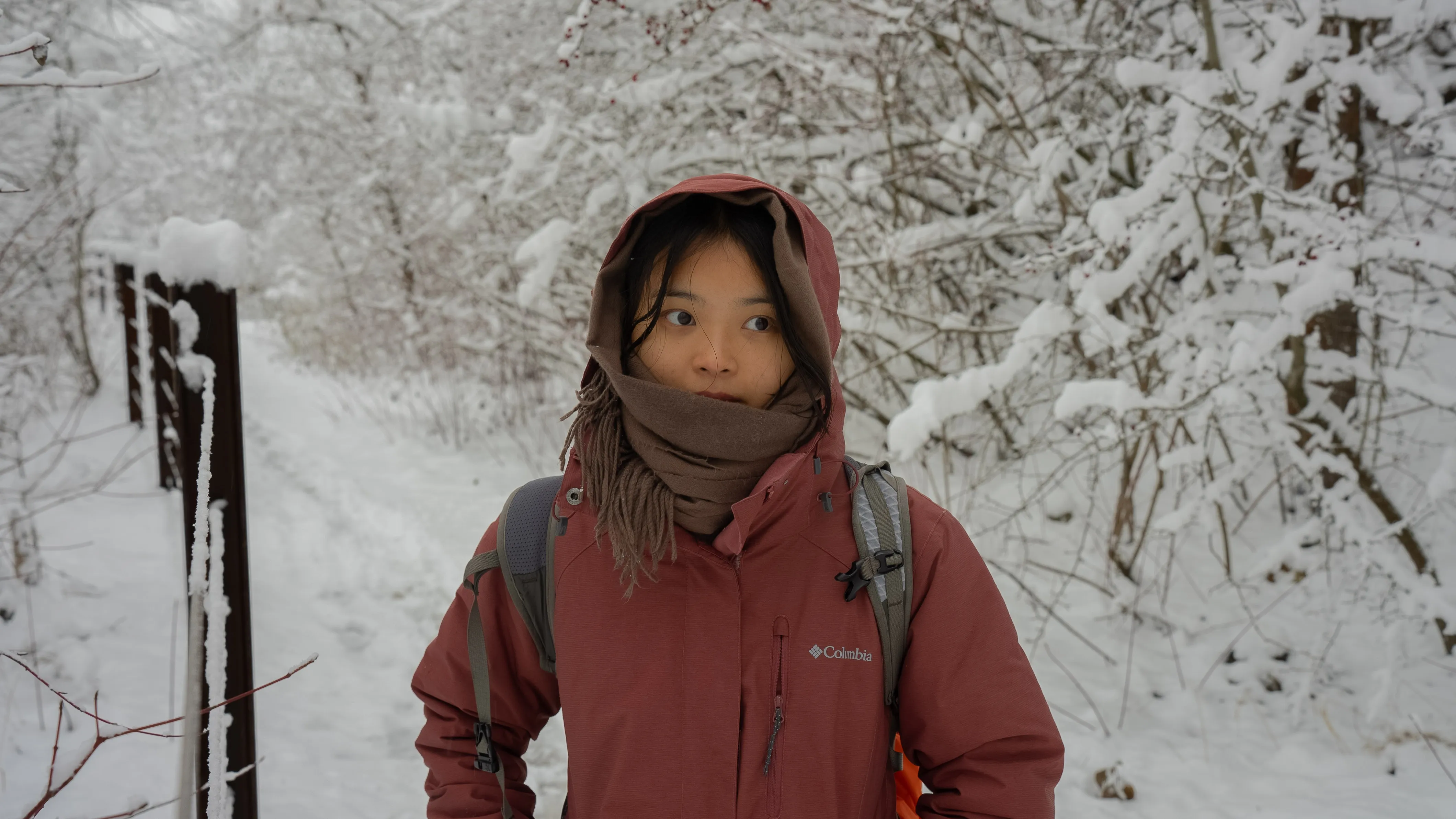 girl bundled up in snow forrest